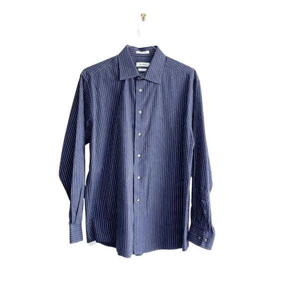 Calvin Klein Mens Dress Shirt Button Down Pinstripes Slim Fit Navy Size 17 - Picture 1 of 7